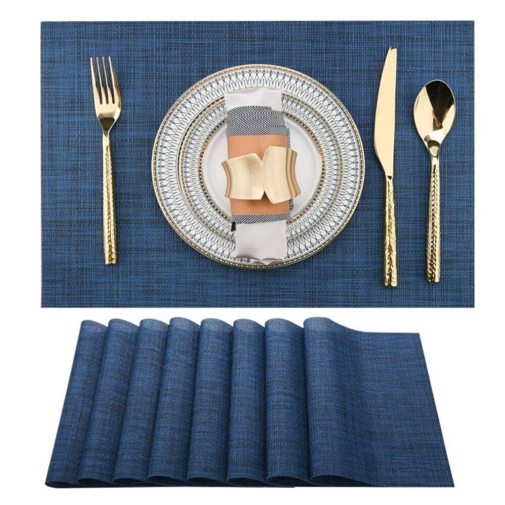 Navy Blue Washable Vinyl Placemats Heat Resistant Table Mats Set Of 8